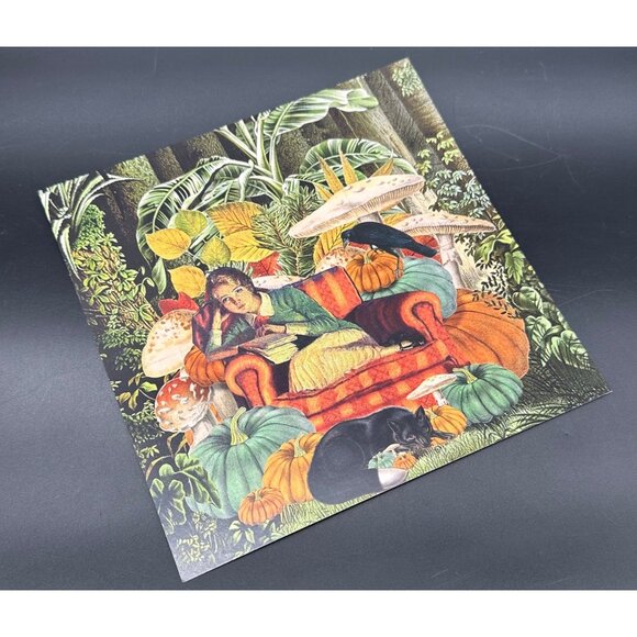 Surreal Art Print By Bev Acton Halloween Pumpkin Black Cat Mushroom 8 In by 8 In - Picture 1 of 7